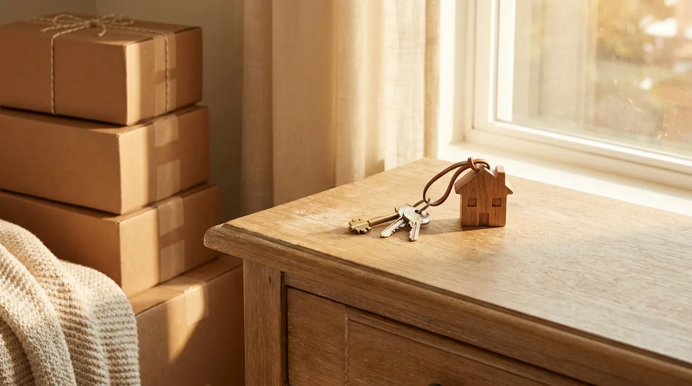 Keys and moving boxes in a warm new-home entryway