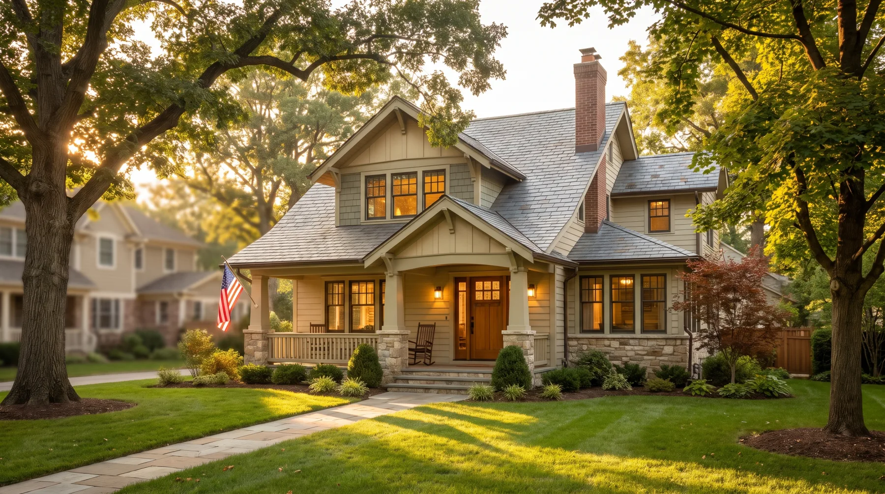 A warm craftsman-style home glowing at golden hour